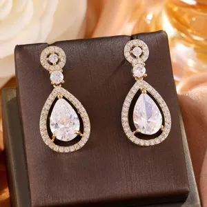 Elegante Koperen Peervormige Waterdruppel Oorbellen Voor Vrouwen Strass Pavé Opengewerkt Huwelijk Feest Sieraden