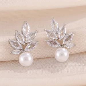 Elegante blad zirkonia parel oorbellen vrouwen feest bruiloft sieraden cadeau chic