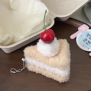 Plush cake slice keychain cute food bag charm fluffy dessert pendant with red cherry