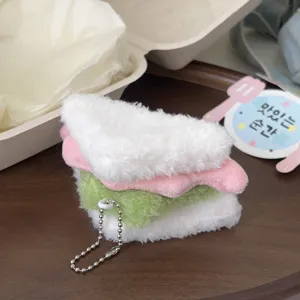 Plush sandwich keychain detailed view, cute plush toy charm for bags, soft food design pendant.