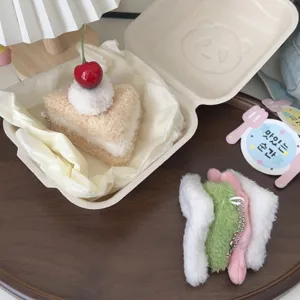 Cute plush cake and sandwich keychain charm, soft cartoon food toy for bags and keys.
