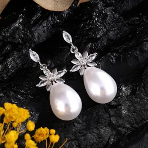 Franse luxe bloem parel zirkonia hangoorringen elegante bruiloft feest sieraden chic
