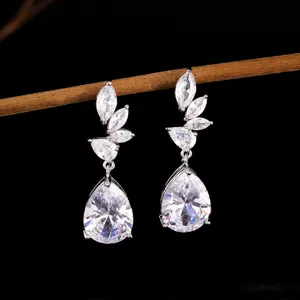 Traanvorm Zirconia Hangoorbellen Voor Vrouwen Koper Verzilverd Blad Dangle Oorbellen Elegant Bruiloft Feest Sieraden