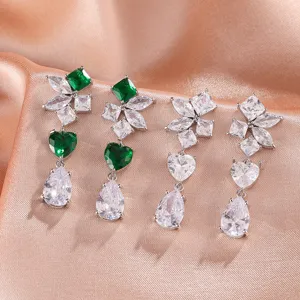 Exquise Smaragdgroene Zirconia Kwastje Oorbellen Voor Vrouwen Koper Verguld Bloem Hart Waterdruppel Lange Hangende Oorbellen Sieraden