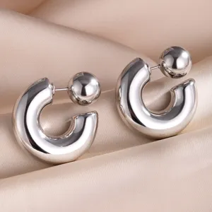 Chique roestvrijstalen C-vormige bal oorbellen voor en achter dames sieraden trendy