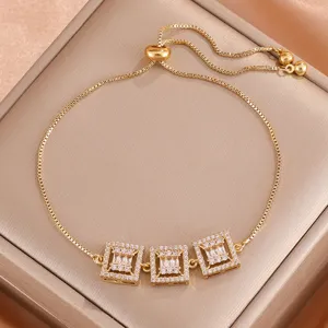 Trendy Luxe Koperen Armband Met Glinsterende Vierkante Strass Steentjes Voor Vrouwen Elegant Verstelbare Ketting Armband Sieraden Cadeau