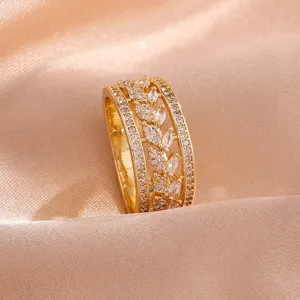 Vergulde driedelige zirkonia ring, hol tarweblad ontwerp, elegante dames sieraden hoofdfoto