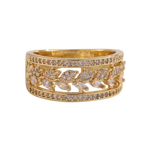 Gouden driedubbele zirkoon ring, hol tarweblad ontwerp, elegante dames sieraden voor party