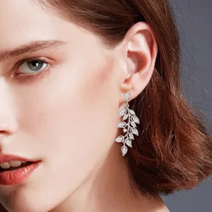 Lange Zirkonia Blad Kwast Oorringen Elegante Tarwe Tak Oorhangers Voor Vrouwen Sieraden
