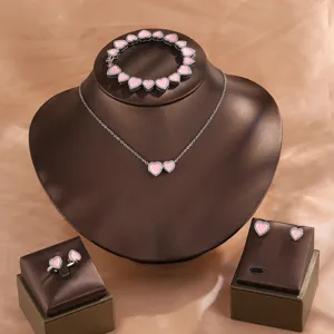 Luxe Koperen Roze Emaille Hart Strass Sieradenset Voor Vrouwen Romantische Hartvormige Ketting Oorbellen Ring Armband Sieraden Cadeau