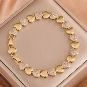 Luxe Koper Goud Zilver Verguld Hart Schakelarmband Voor Vrouwen Mannen Strass Ingelegde Mode Sieraden Hand Accessoires Verjaardagscadeau