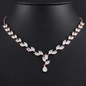 Luxe Koper Zirconia Tarwe-aar Blad Halsketting Voor Vrouwen Elegante V-vormige Choker Bruiloft Bruids Banket Sieraden Hanger