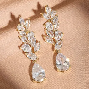 Luxe Vintage Koperen Zirconia Hangende Oorbellen Voor Vrouwen Elegante Marquise Waterdruppel Ingelegde Bruiloft Bruids Oorbellen Sieraden