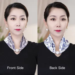 Femme Mode Soie Satin Foulard Protection du Cou Foulard Avec Perle Boucle Magnétique Imprimé Style Quotidien