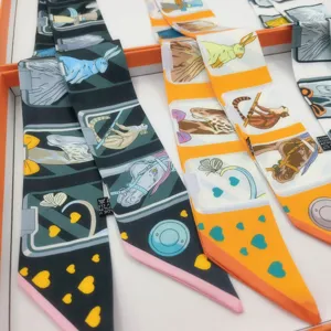 Luxury silk twilly scarf for handbag handle decoration, fashionable narrow ribbon neckerchief.