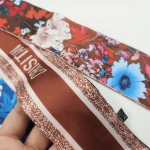 Twill floral print silk scarf thin long ribbon retro decorative bag accessory new
