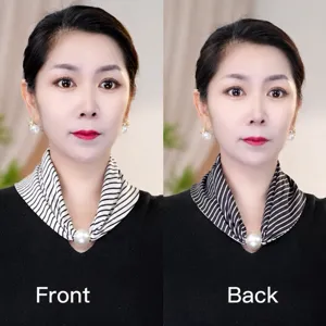 Vue détaillée de l'écharpe mode noir et blanc pour femme avec grand fermoir aimanté perle.