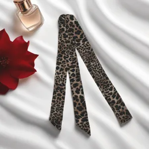 Korean style retro khaki leopard print skinny silk scarf chic neck accessory detail shot
