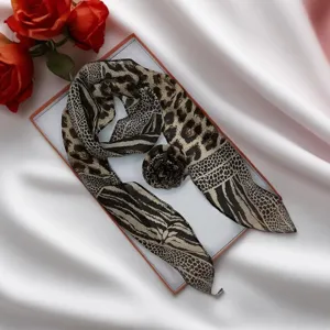 Chic leopard print silk scarf featuring rose flower accessory, perfect y2k fashion necktie.