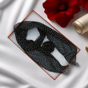 Black polka dot silk scarf with rose accent, elegant retro neck ribbon for women.