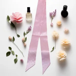 Détail d'écharpe en ruban de satin strass rose, accessoire de cheveux élégant et ruban de sac.