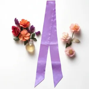 Écharpe en ruban de satin violet avec des strass scintillants, élégant accessoire.