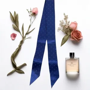 Detail de ruban satin strass bleu, accessoire cheveux elegant ou foulard de soie decoratif.