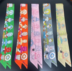Fashion Women Silk Twilly Scarf Cartoon Print Skinny Hair Band Ribbon Neck Scarf Chic Accessory
