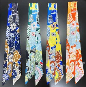 Chic printed twilly silk scarf for women, elegant long ribbon hair band and stylish neck scarf.