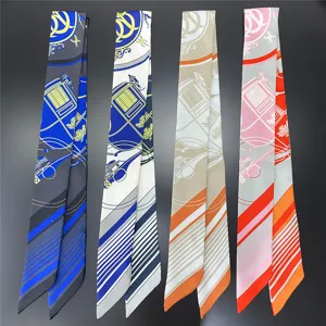 Luxury style silk twilly scarf for women, elegant carriage print ribbon for bags and hair.