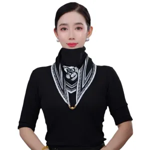 Autumn winter fashion knitted camellia magnetic buckle triangular scarf for women daily wear