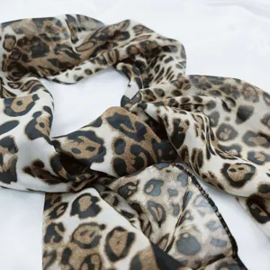 Close-up of a fashionable leopard print scarf showing soft texture and classic pattern details.