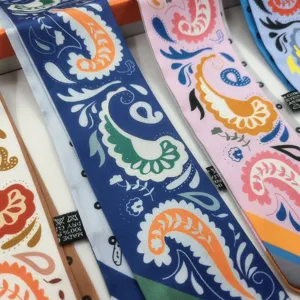Women stylish twill silk ribbon for handbag handle decoration, floral paisley skinny scarf.