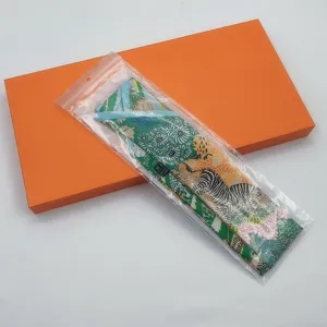 Luxury silk twilly scarf for handbag handle decoration, green jungle zebra print ribbon strap.