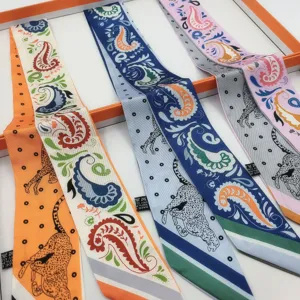 Silk twilly scarf for handbag handle, leopard and paisley print, elegant neckerchief.