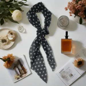 Chic black chiffon polka dot scarf, elegant French style neck accessory for women spring fashion.