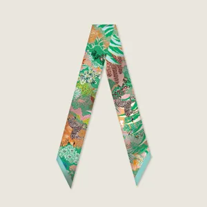 Silk twilly scarf for handbag handle, tropical jungle zebra print ribbon decoration for bags.