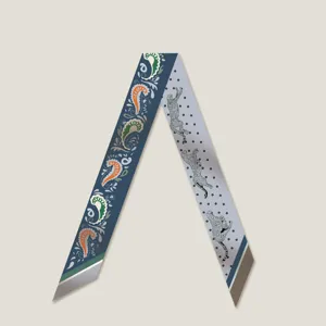 Chic double-sided twill silk twilly scarf featuring paisley and leopard print for handbags.