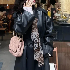 Chic leopard print fashion silk scarf for women, versatile spring autumn stylish long neck wrap.