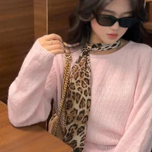 Women stylish leopard print scarf with pink knit sweater fashion casual elegant apparel chic