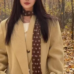 Chic polka dot scarf for women, elegant long neckerchief with stylish print for daily wear.