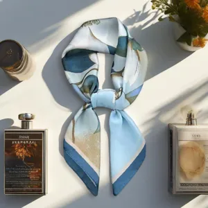 Retro blue silk small square scarf detail view, elegant neckerchief for spring and summer.