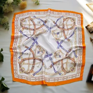 Retro silk square scarf with luxury chain and belt print, elegant neck wrap accessory for women.