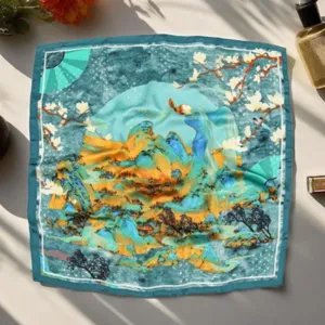 Close-up detail of vintage Chinese landscape silk square scarf, retro floral neck scarf for women.