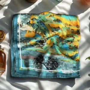 Retro art printed silk square scarf for women, elegant vintage landscape neckerchief accessory.
