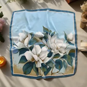 Elegant blue floral square silk scarf for women, lightweight neckerchief accessory.