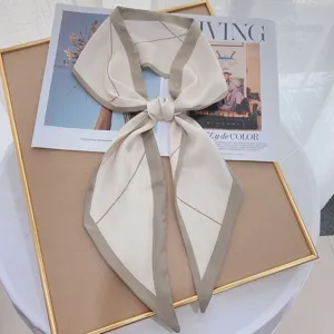 Elegant long silk scarf for women, chic geometric pattern twilly ribbon for stylish neckwear.