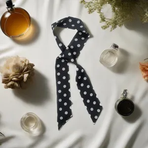 Vintage black and white polka dot silk twilly scarf for women hair band bag ribbon