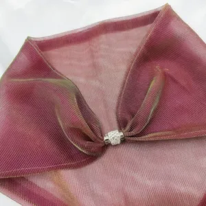 Shimmering sheer triangular scarf detail, metallic gold edge, rhinestone magnetic buckle.