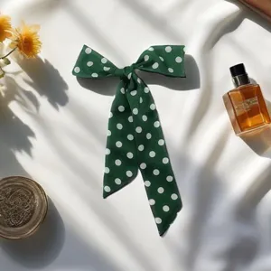 Green white polka dot hair ribbon bow scarf, vintage elegant hair accessory for women stylish.